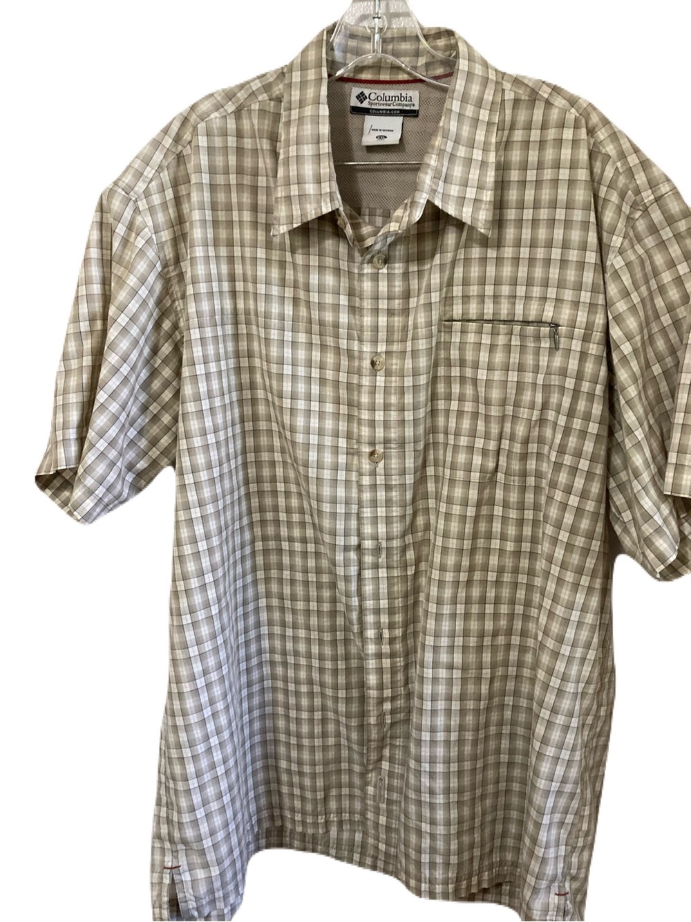 Columbia Men's Beige and Cream Plaid Short-Sleeve Button-Up Shirt